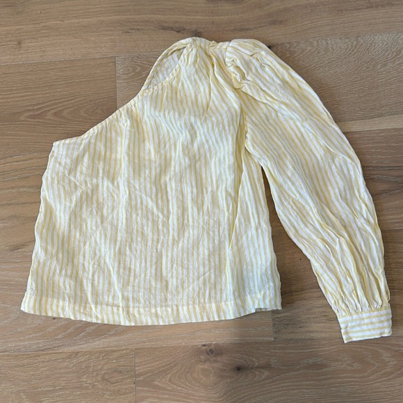 Frame Denim Linen One Shoulder Long Puff Sleeve Yellow Striped Blouse Top XS - Picture 2 of 11